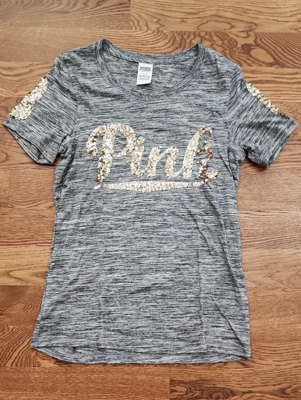 VS PINK Bling 86 Sequin Campus Tee Heather Gray Large